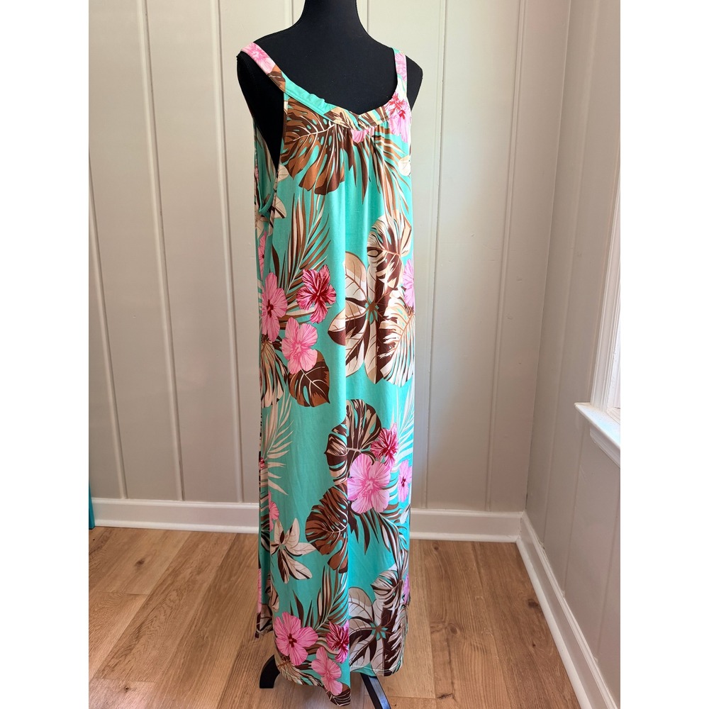 INGEAR Resort Tropical Floral Maxi Dress OSFM Teal Pink Hibiscus Sleeveless